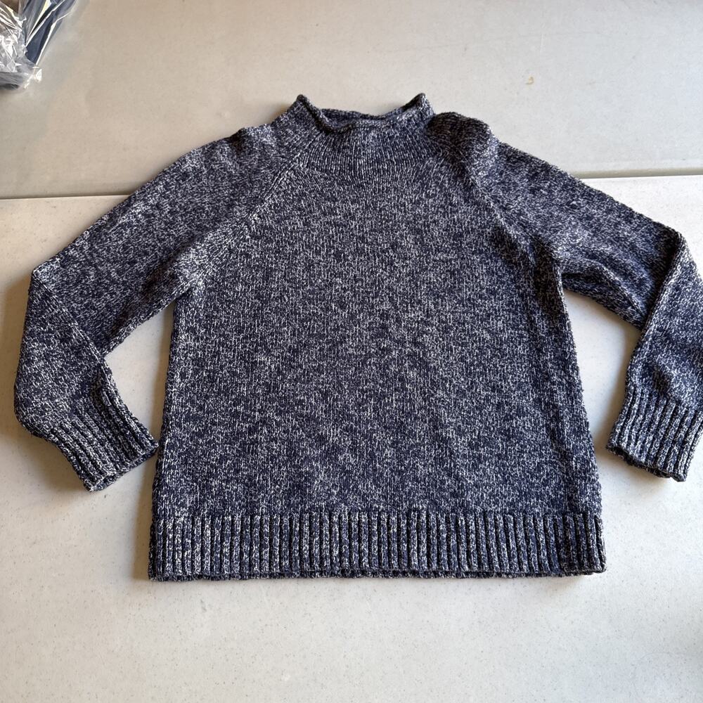 LL Bean Blue Marled Knit Sweater Womens Size MP Navy White Winter Roll Neck
